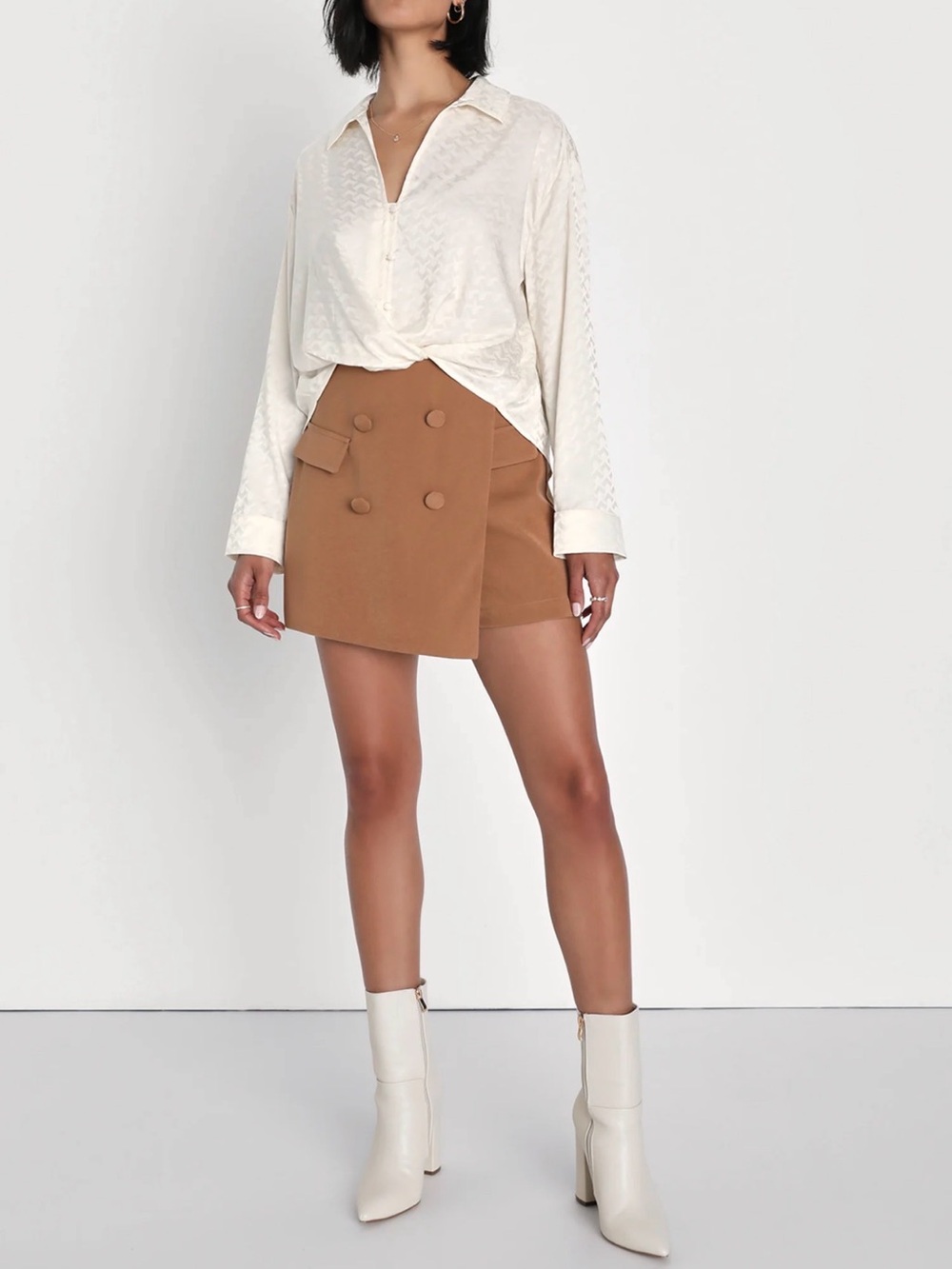 Lulus NWT Women XL Camel Tan High Waist Button Detailed Wrap Skort Fall Chic